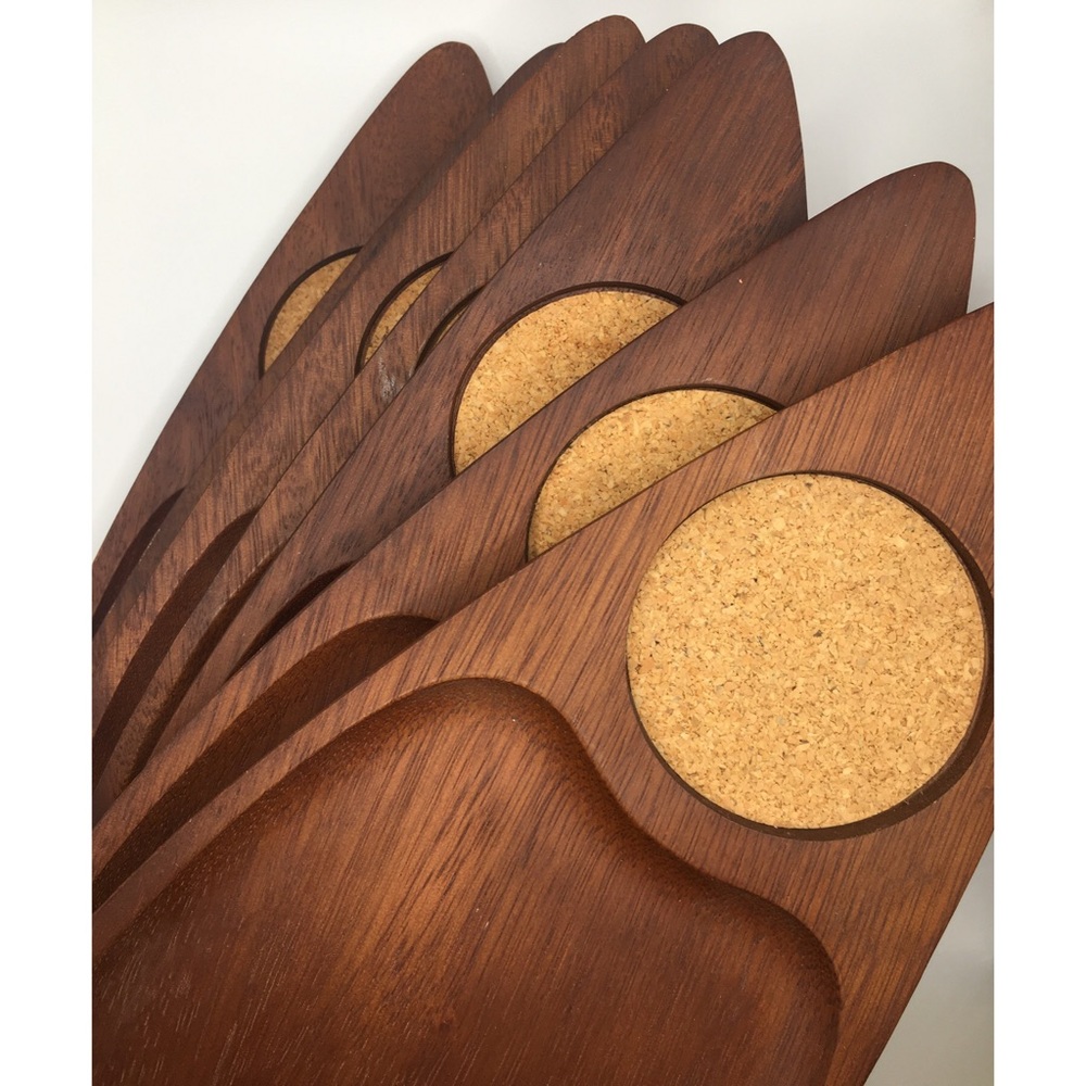 Mid Century Wood and Cork Snack Plates